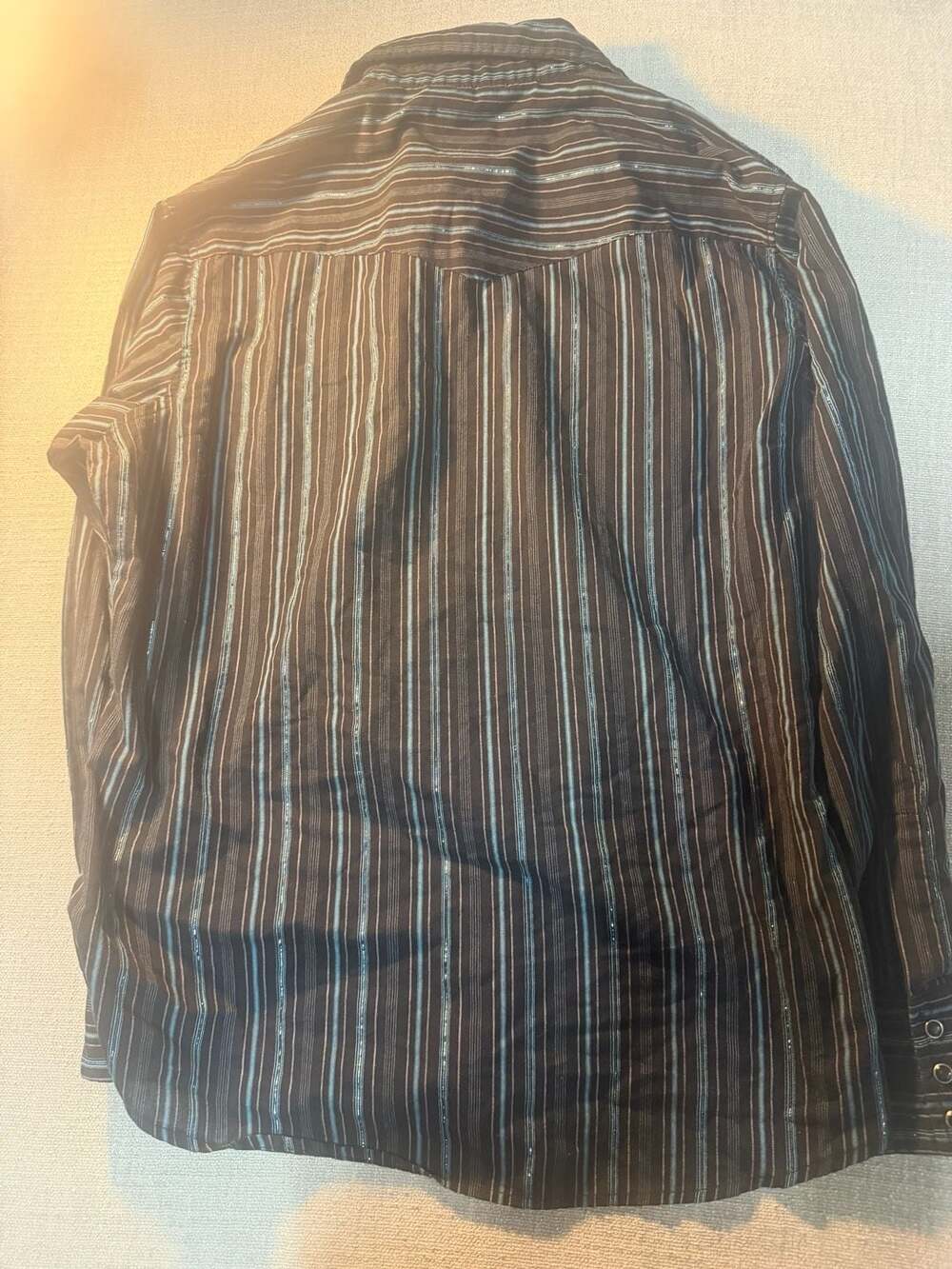 Wrangler Western Fashion Long Sleeve Snap Button Up Shirt Black and Blue Striped - Picture 5 of 5